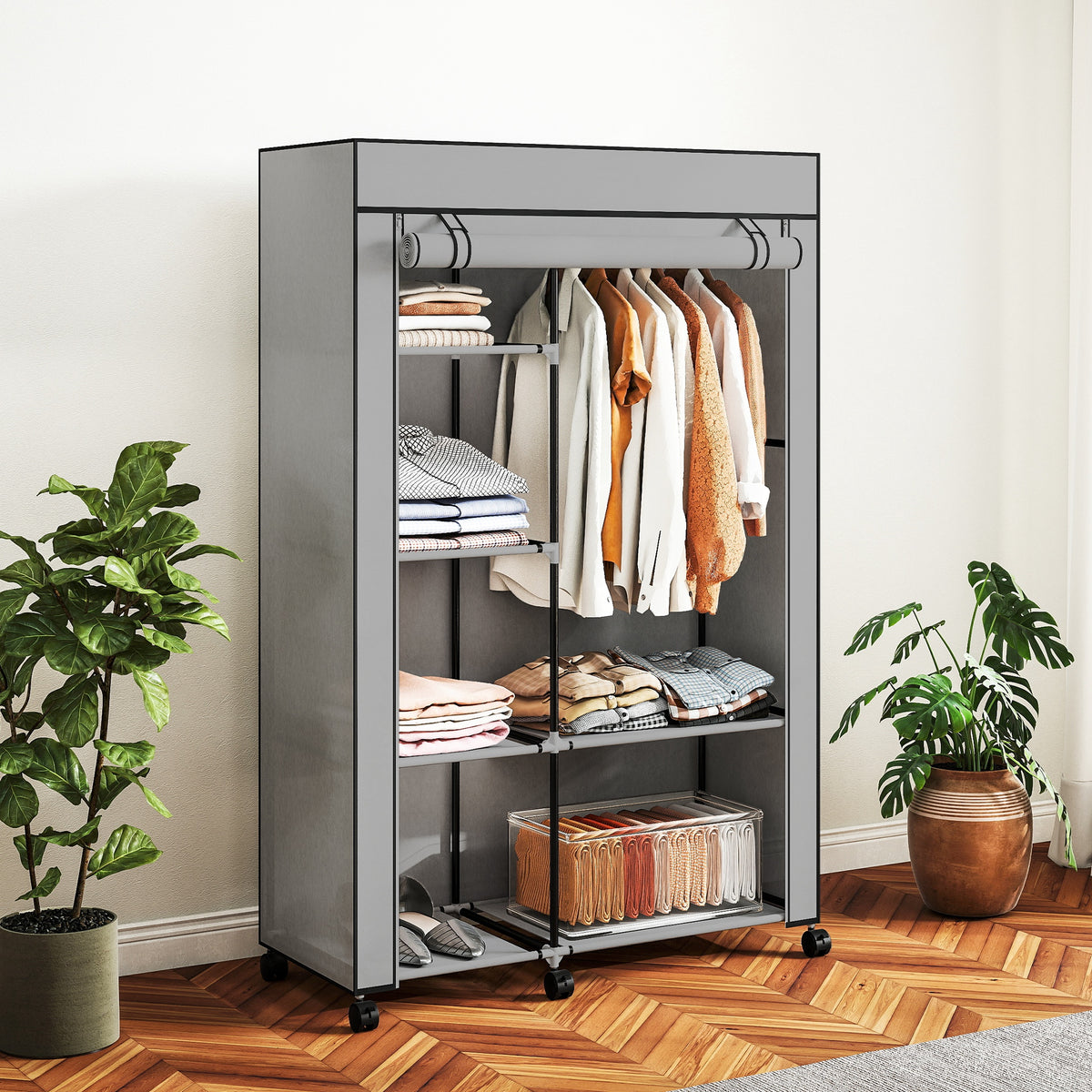 Stoffkleiderschrank mit 6 Regalen und Kleiderstange
