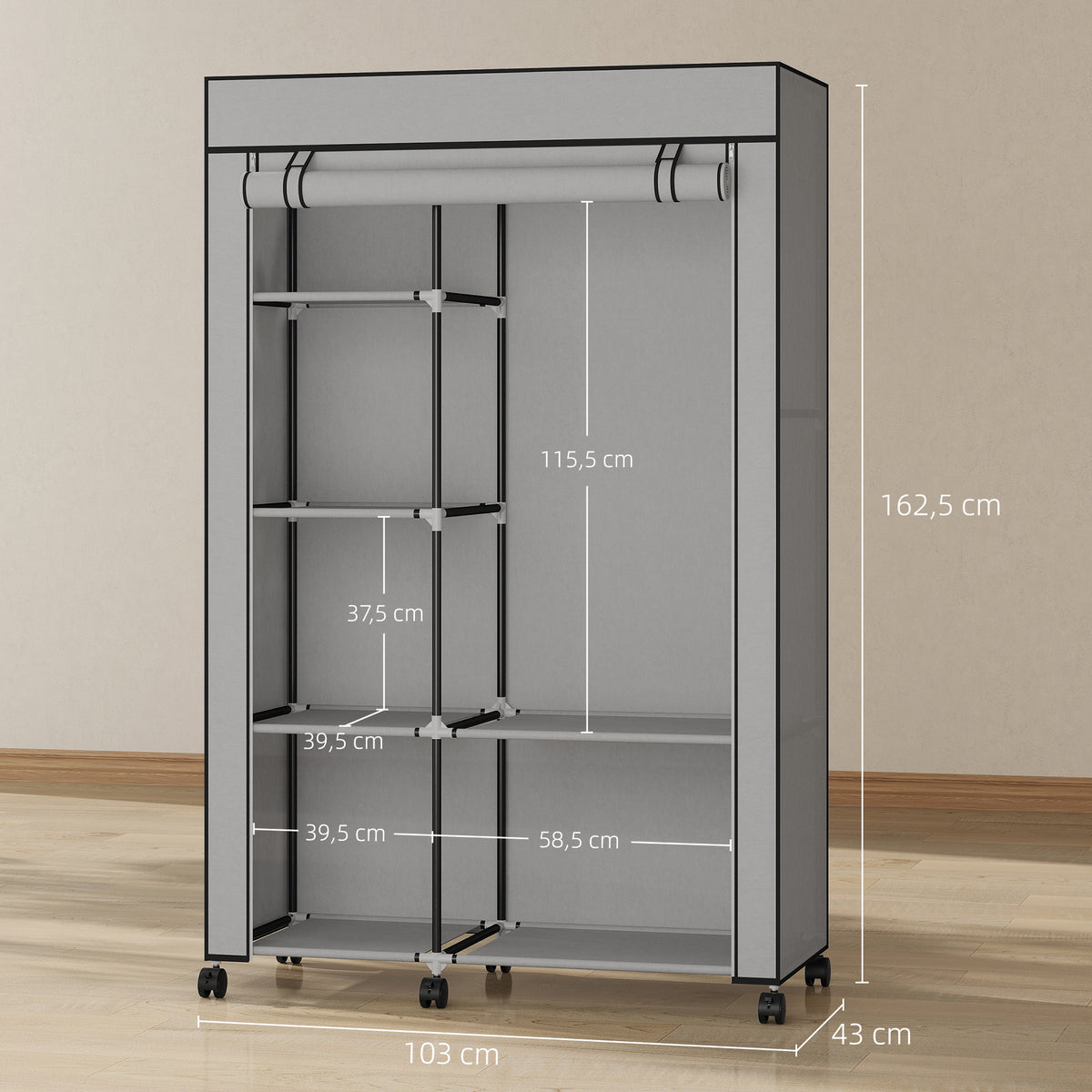 Stoffkleiderschrank mit 6 Regalen und Kleiderstange