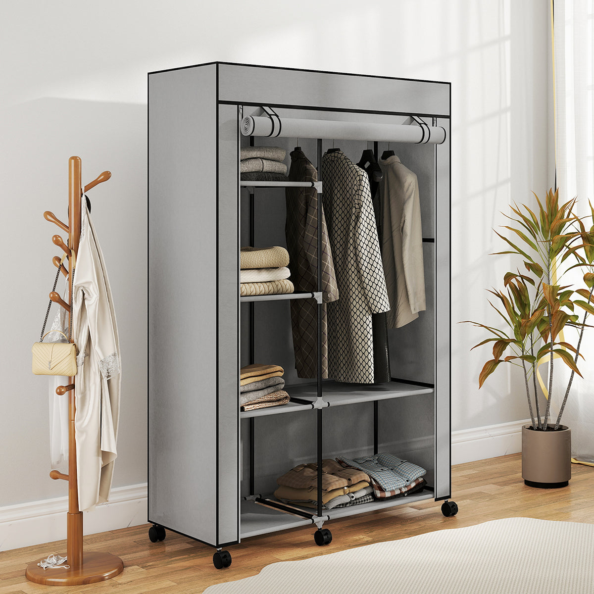 Stoffkleiderschrank mit 6 Regalen und Kleiderstange