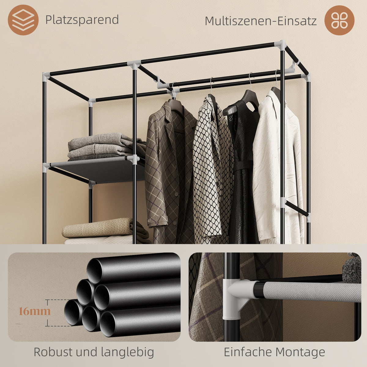 Stoffkleiderschrank mit 6 Regalen und Kleiderstange