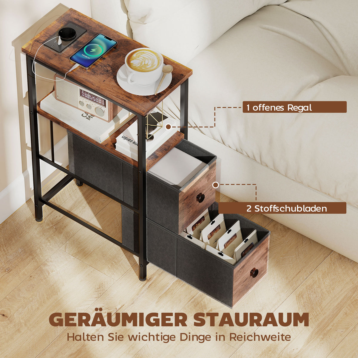 Beistelltisch mit Ladestation und 2 Stoffschubladen