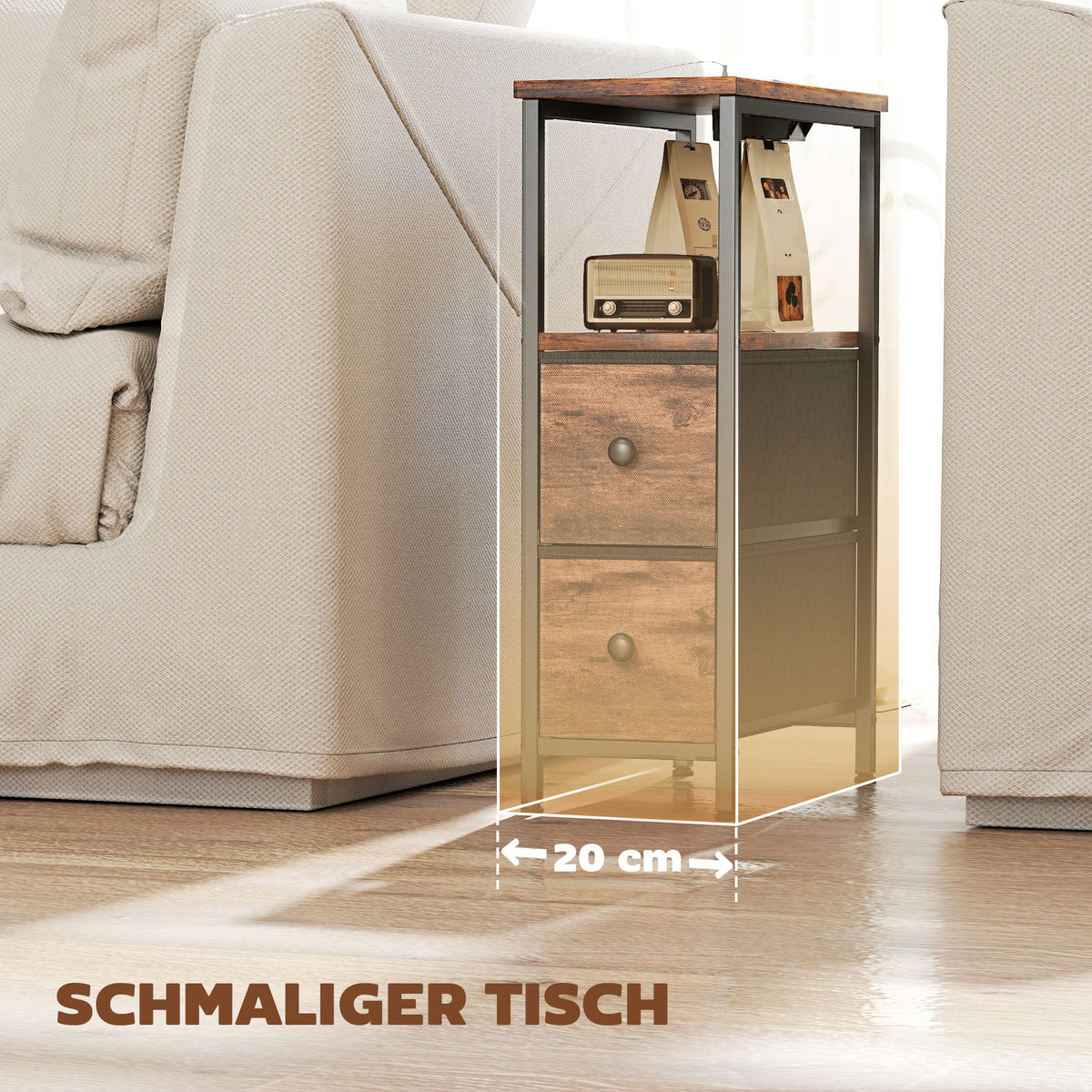 Beistelltisch mit Ladestation und 2 Stoffschubladen