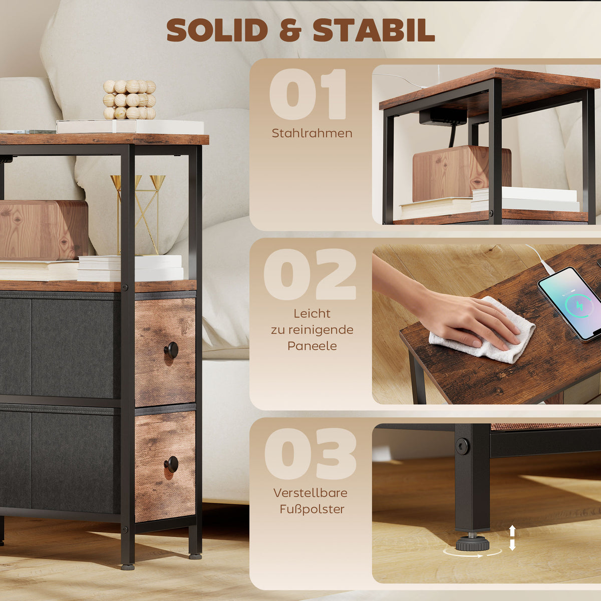 Beistelltisch mit Ladestation und 2 Stoffschubladen