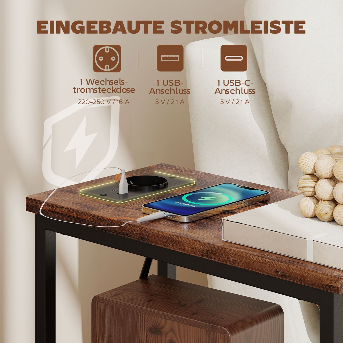 Beistelltisch mit Ladestation und 2 Stoffschubladen