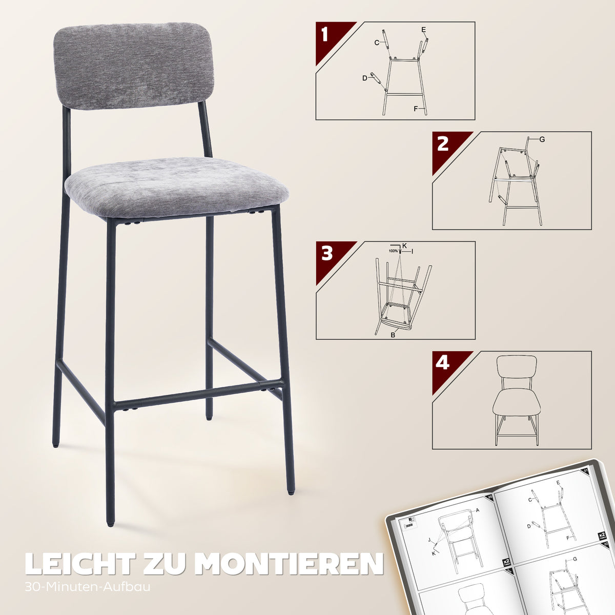 2er-Set Barhocker mit Rückenlehne und Fußstütze