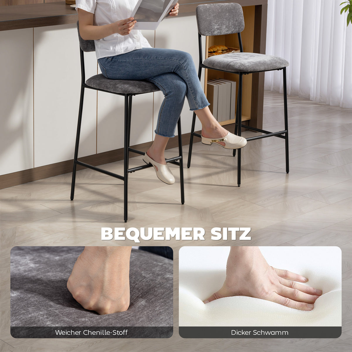 2er-Set Barhocker mit Rückenlehne und Fußstütze
