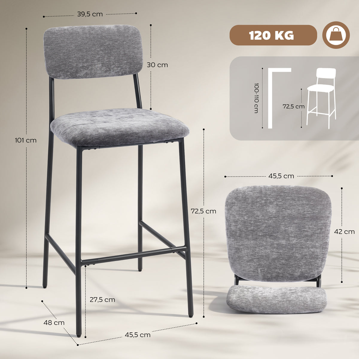 2er-Set Barhocker mit Rückenlehne und Fußstütze