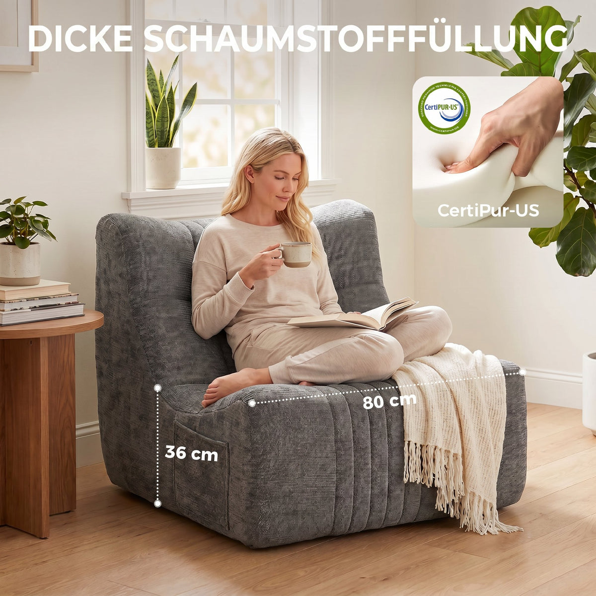 Bodensessel mit Rückenlehne und Seitentaschen