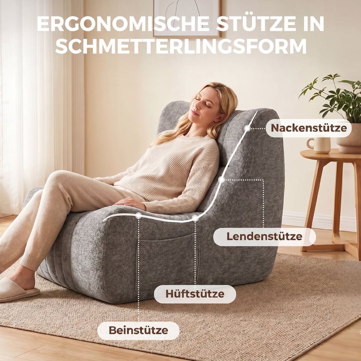 Bodensessel mit Rückenlehne und Seitentaschen