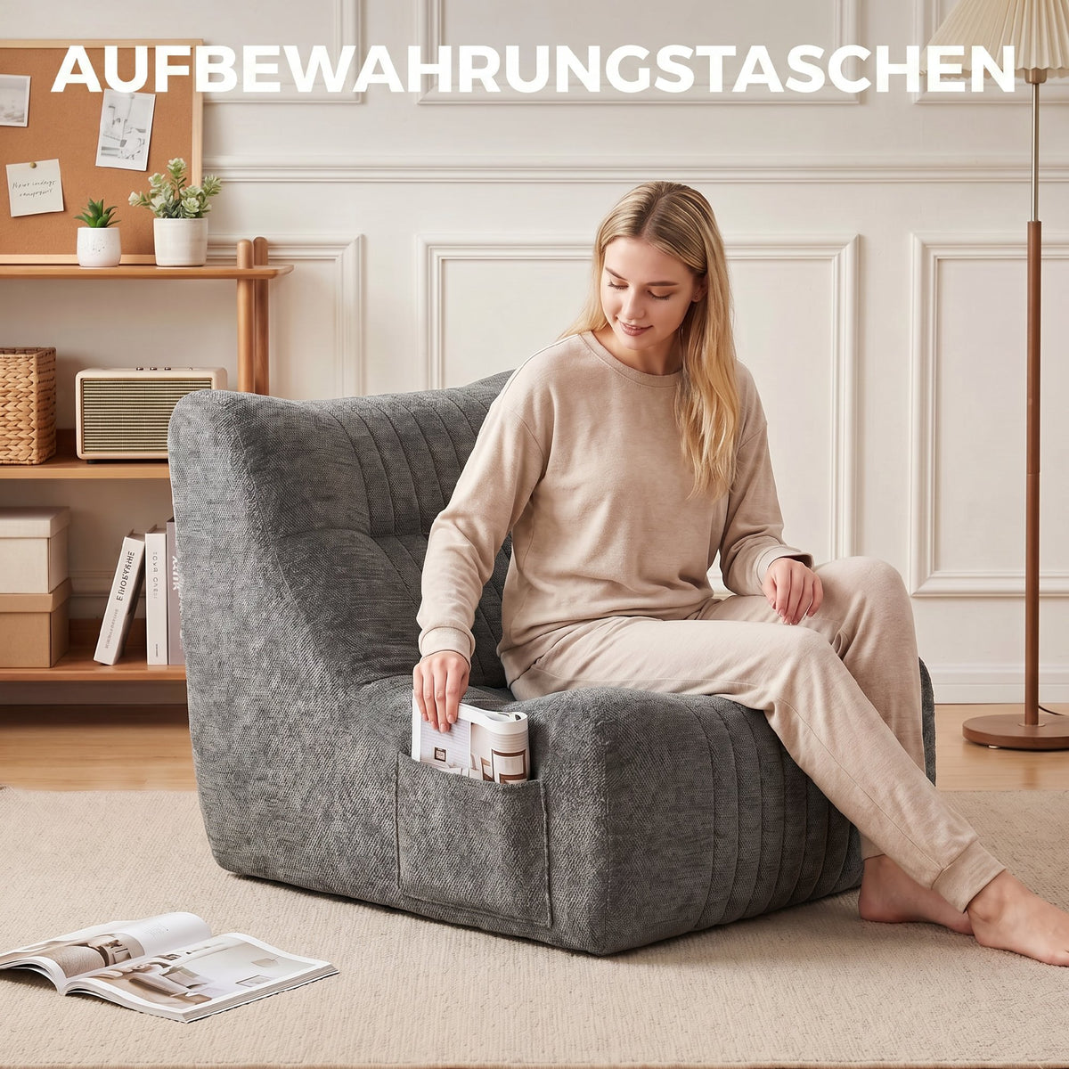 Bodensessel mit Rückenlehne und Seitentaschen