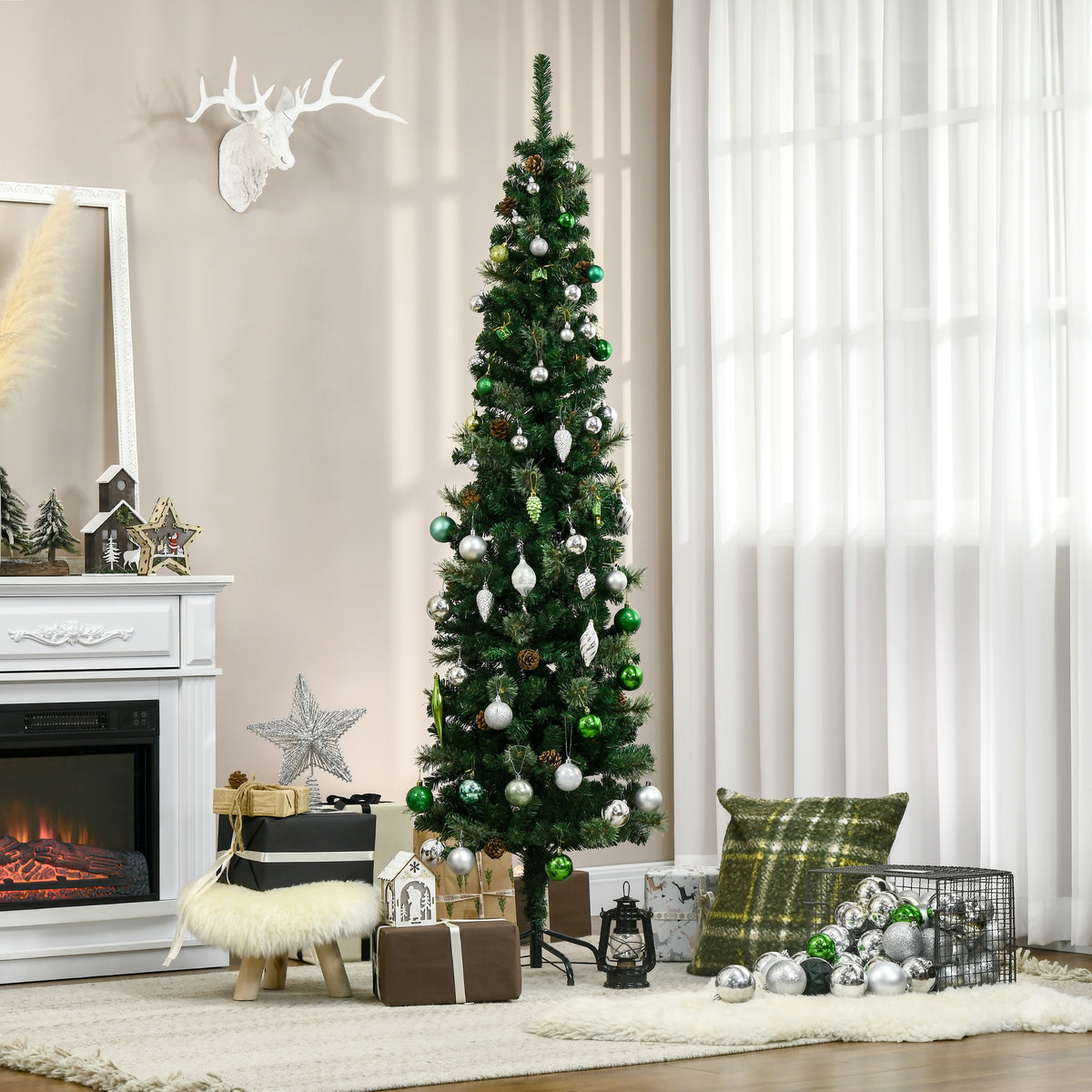 Schlanker künstlicher Weihnachtsbaum mit Zapfen, 195 cm