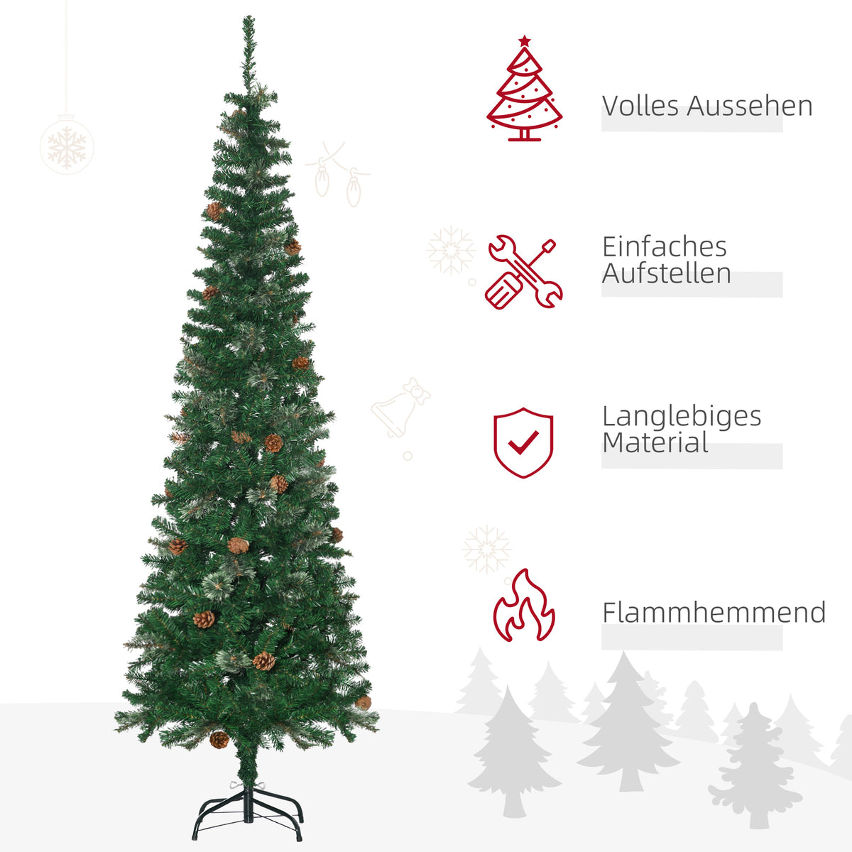 Schlanker künstlicher Weihnachtsbaum mit Zapfen, 195 cm
