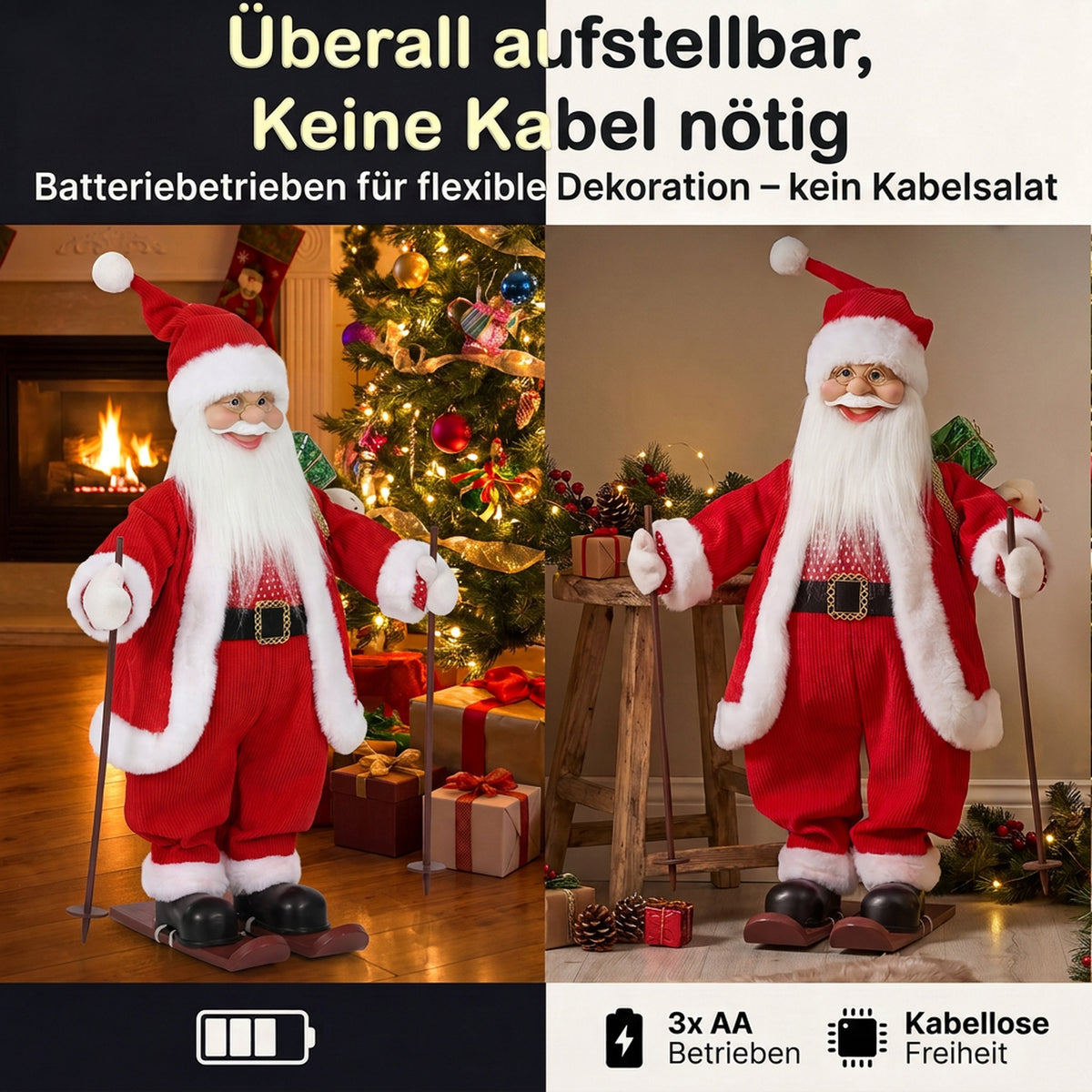 Animierter Ski-Weihnachtsmann mit Musik, 66 cm