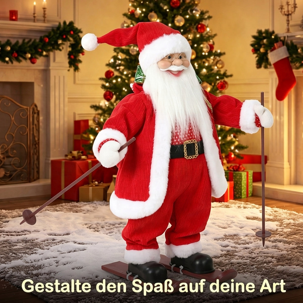 Animierter Ski-Weihnachtsmann mit Musik, 66 cm