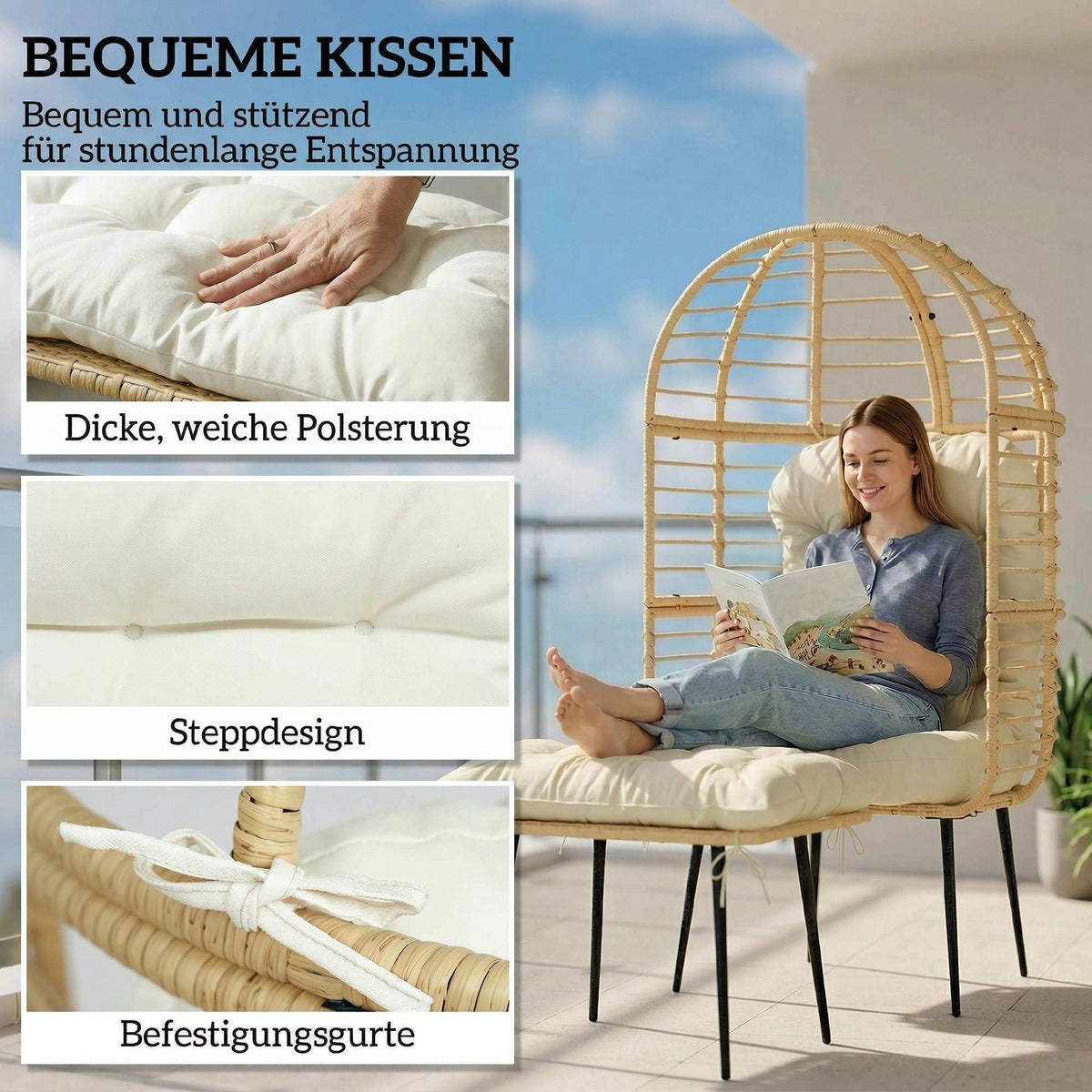 Rattan-Eiersessel mit Fußhocker und Kissen
