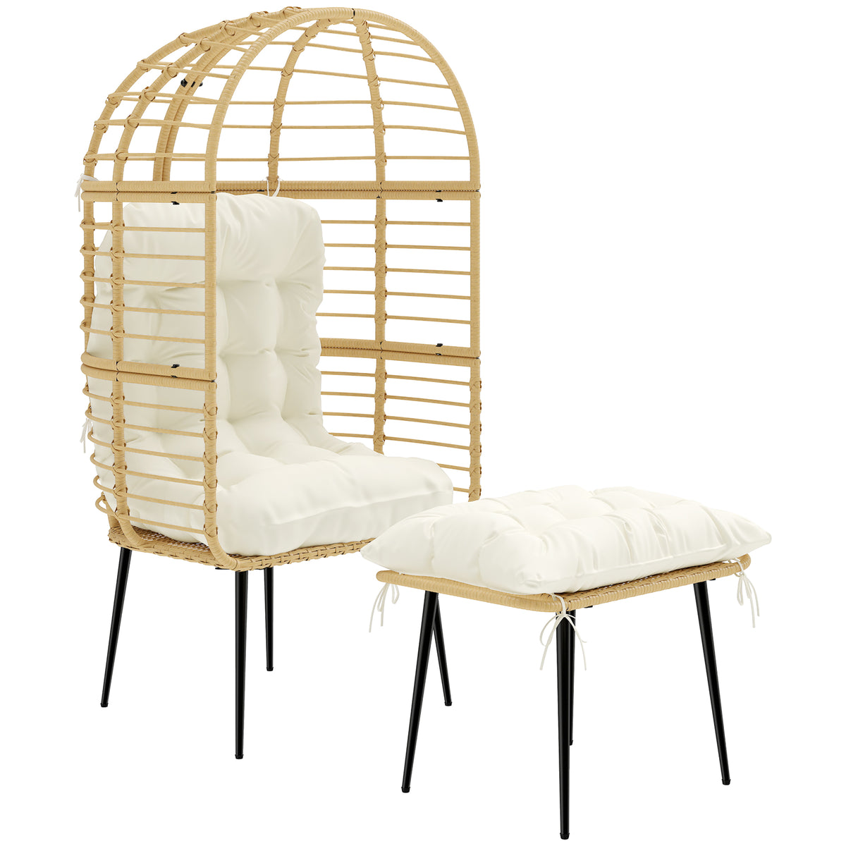 Rattan-Eiersessel mit Fußhocker und Kissen