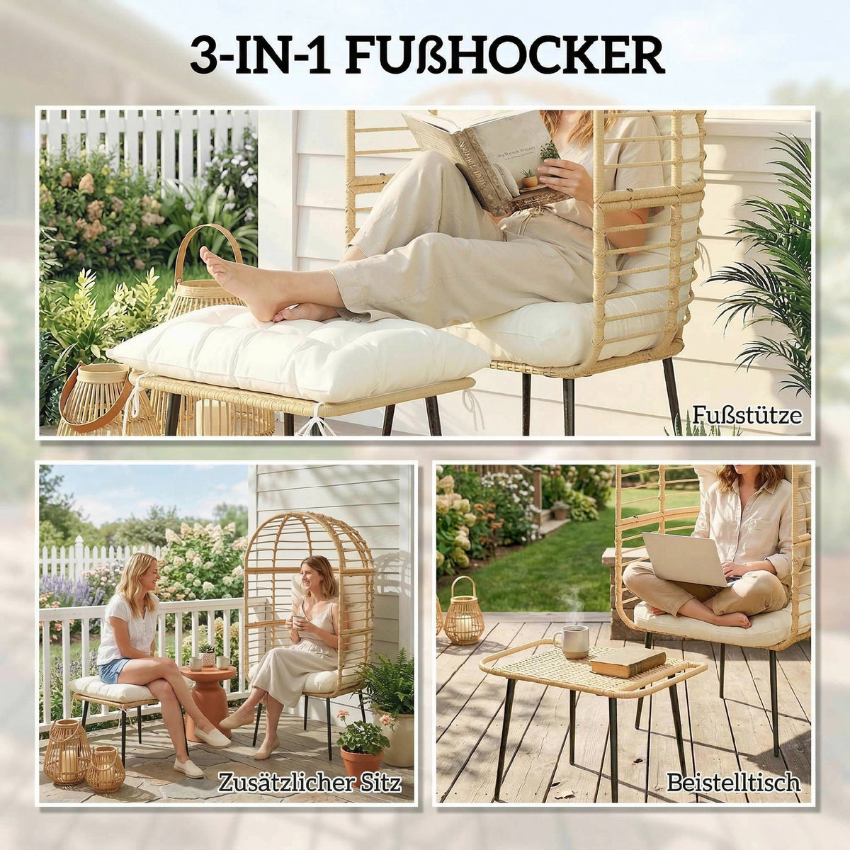Rattan-Eiersessel mit Fußhocker und Kissen