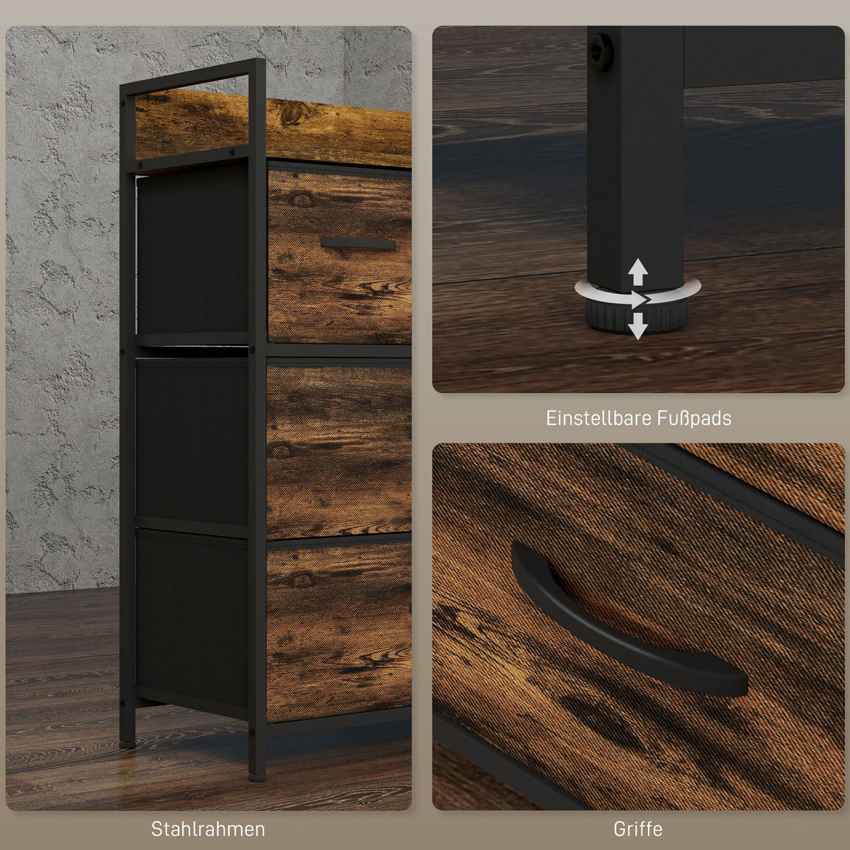 Kommode mit vier Stoffschubladen und Ablage