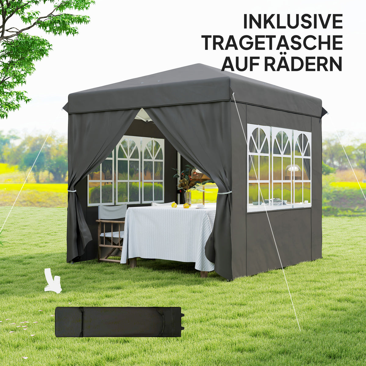 Pop-up-Pavillon mit Seitenwänden und Rolltasche