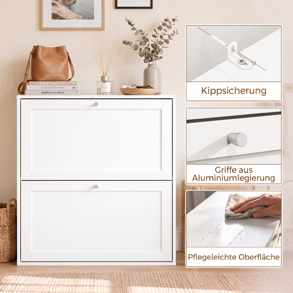 Schmaler Schuhschrank mit zwei Klappfächern