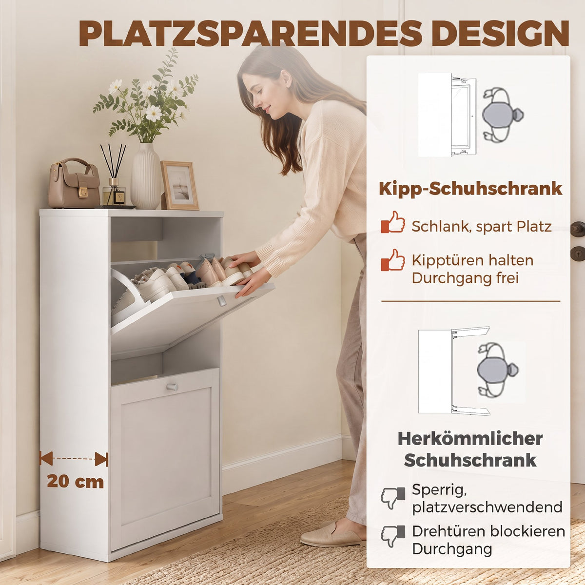 Schmaler Schuhschrank mit zwei Klappfächern