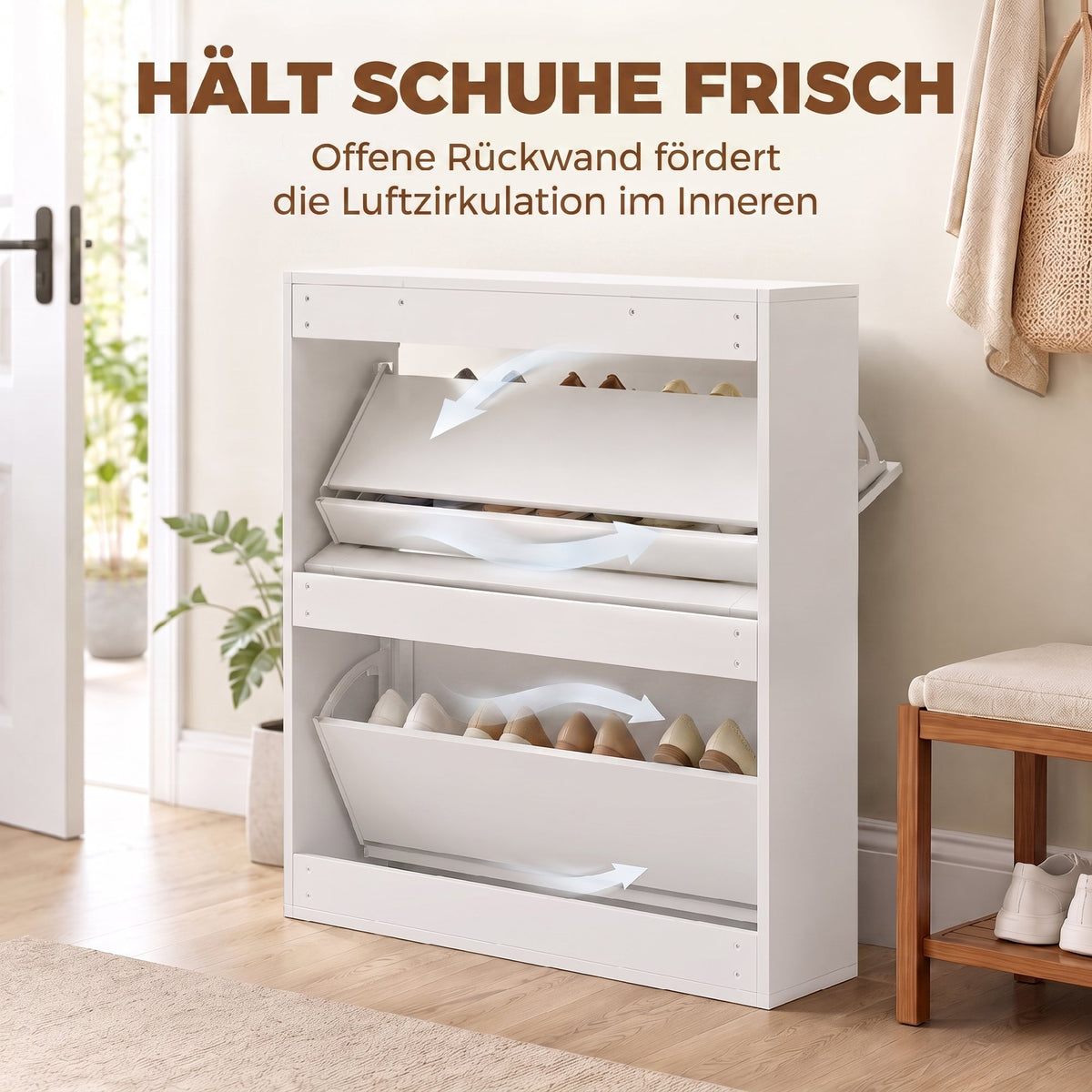 Schmaler Schuhschrank mit zwei Klappfächern