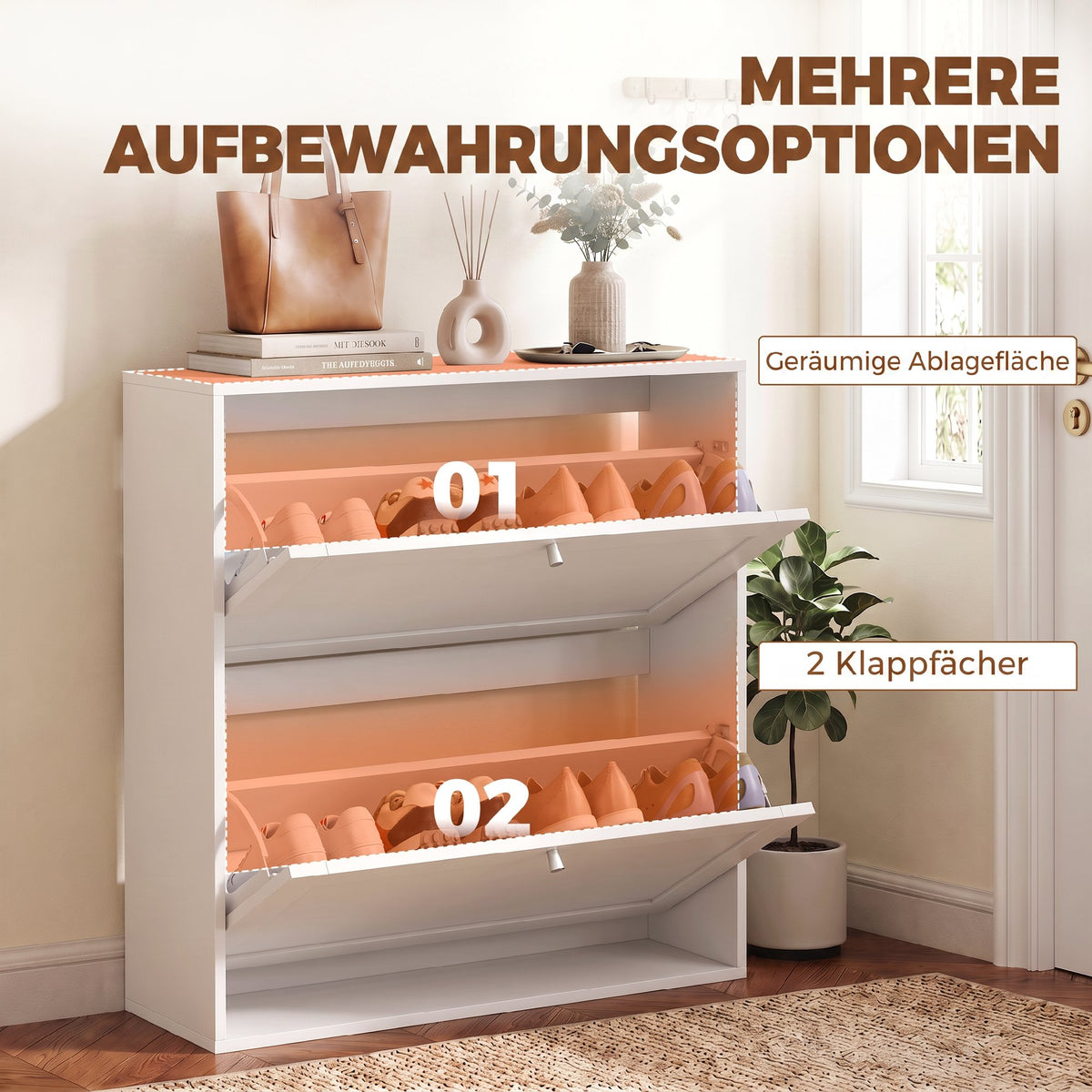 Schmaler Schuhschrank mit zwei Klappfächern
