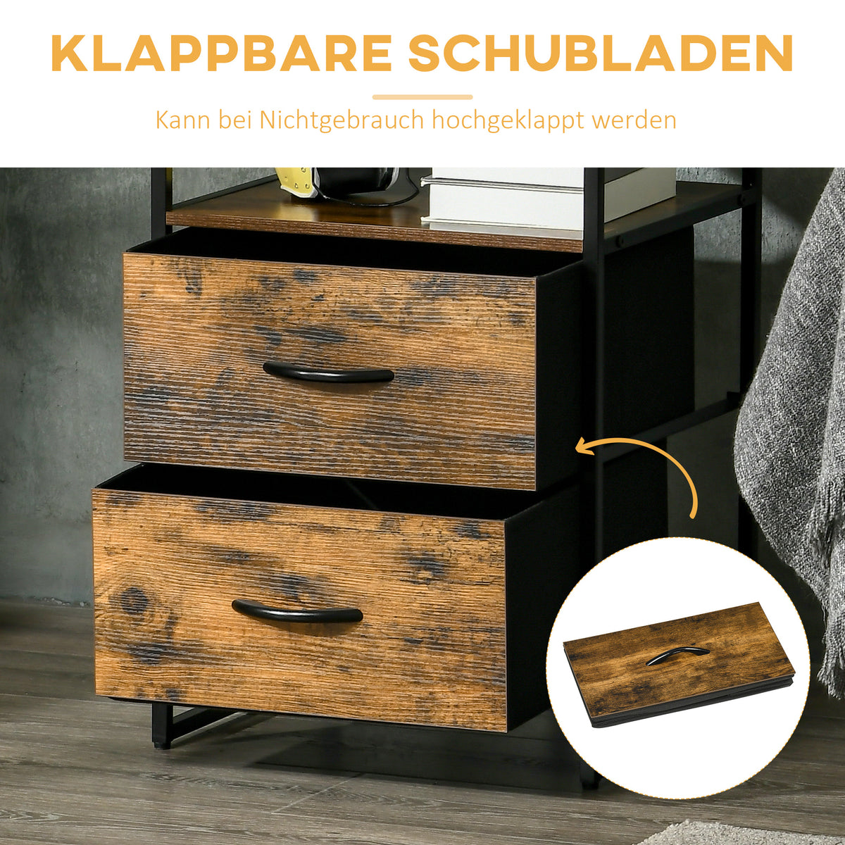 Kommode mit zwei Stoffschubladen und Ablagen