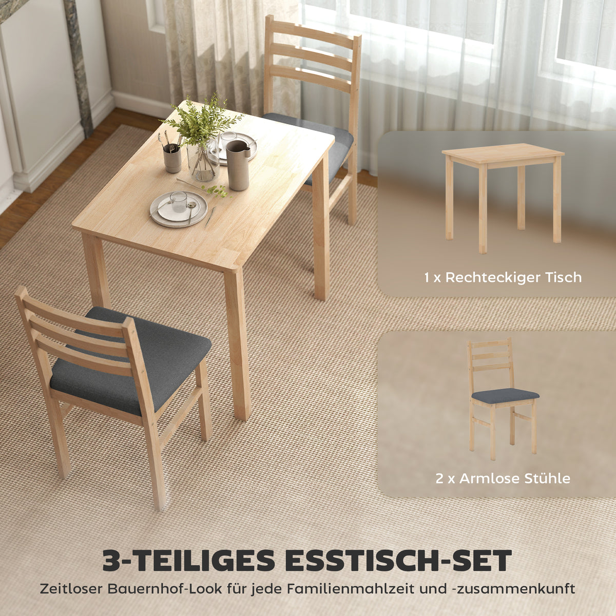 3-teiliges Essgruppen-Set mit zwei Stühlen
