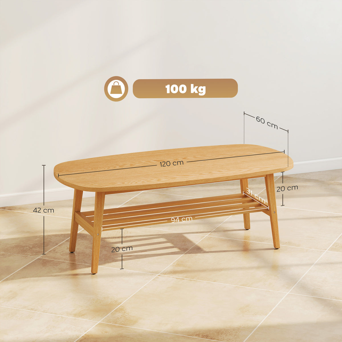 Ovaler Couchtisch mit Ablage, 120 cm