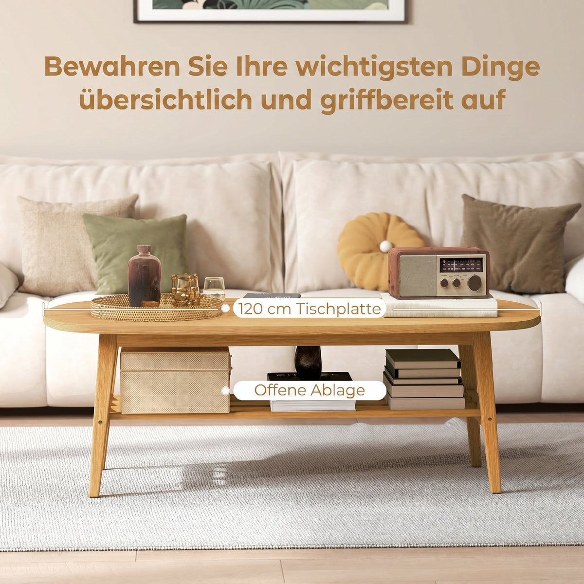 Ovaler Couchtisch mit Ablage, 120 cm