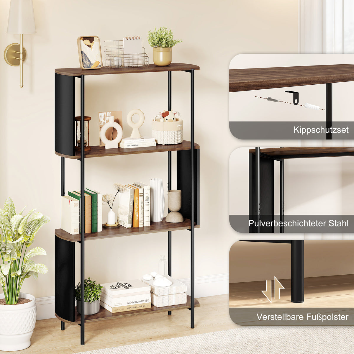 Bücherregal mit 4 Ebenen und geschwungenem Design