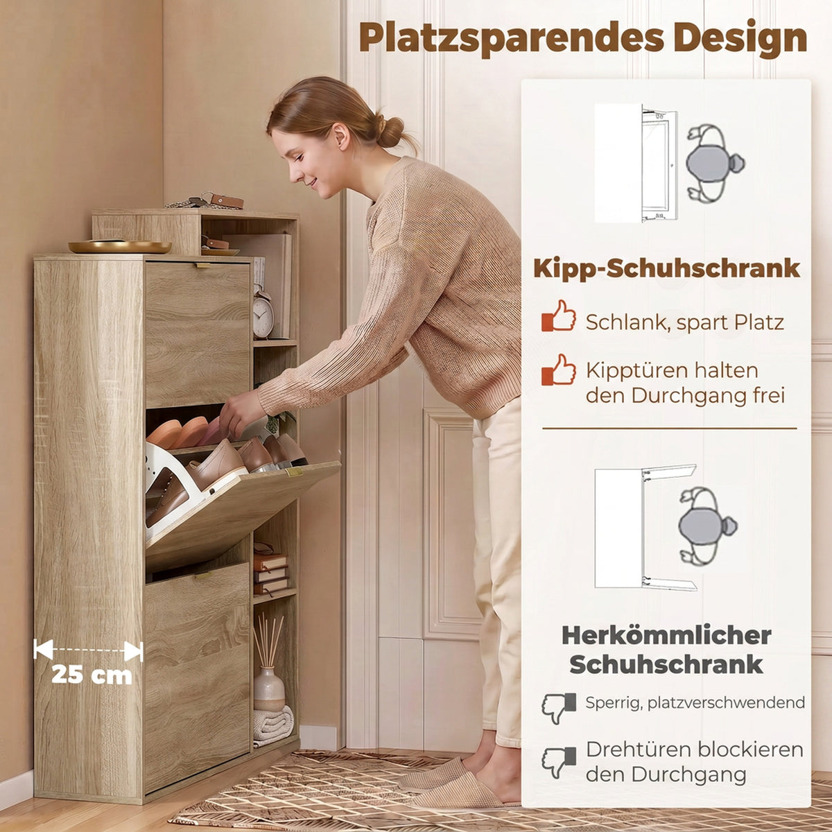 Schuhschrank mit 3 Klappfächern und Ablage