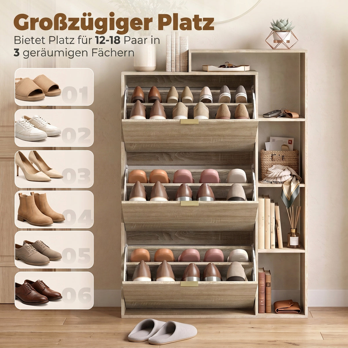Schuhschrank mit 3 Klappfächern und Ablage