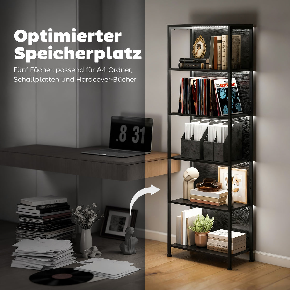 Bücherregal mit 5 Ebenen und LED-Beleuchtung