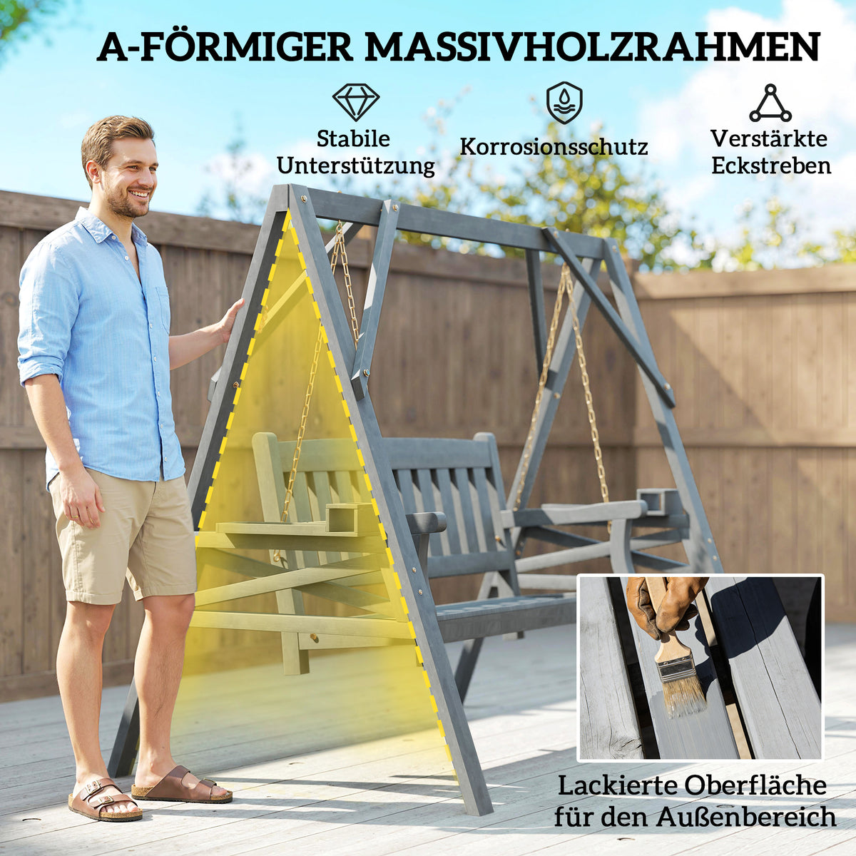2-Sitzer Gartenschaukel aus Tannenholz mit Ablagen