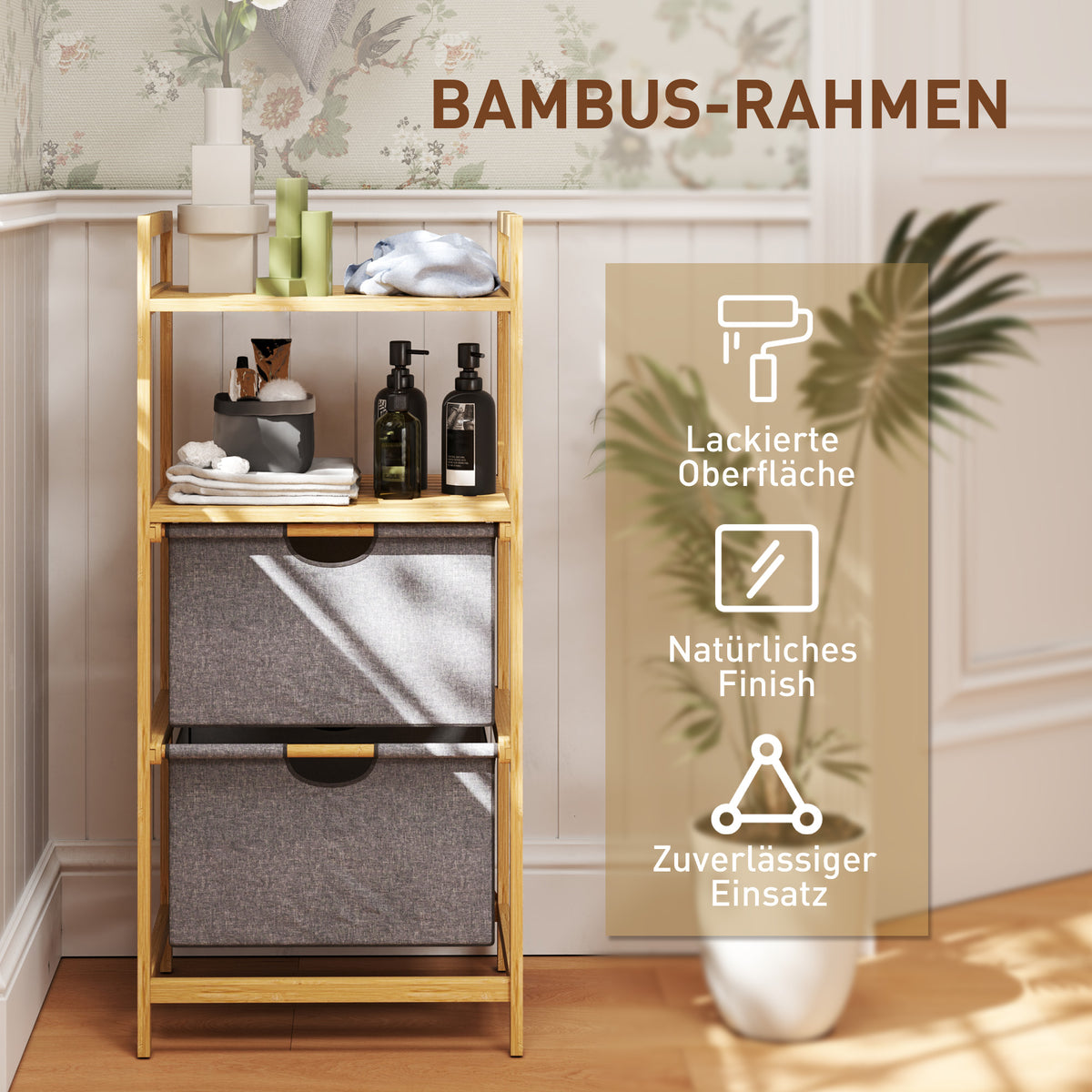 Bambusregal mit Ablagen oder Wäschekörben