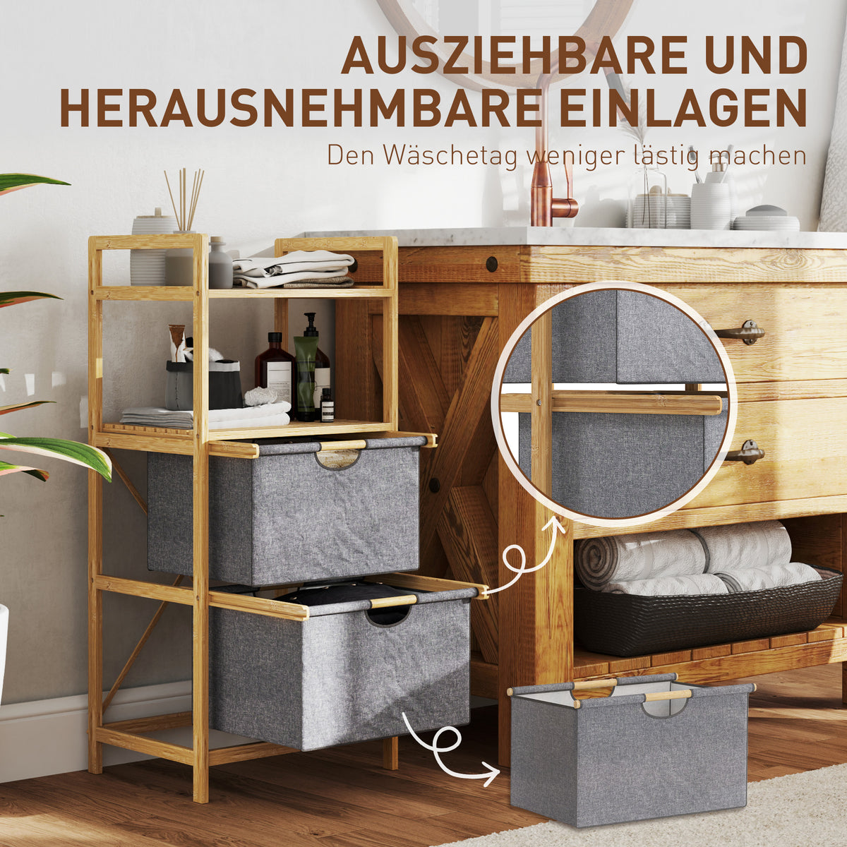 Bambusregal mit Ablagen oder Wäschekörben