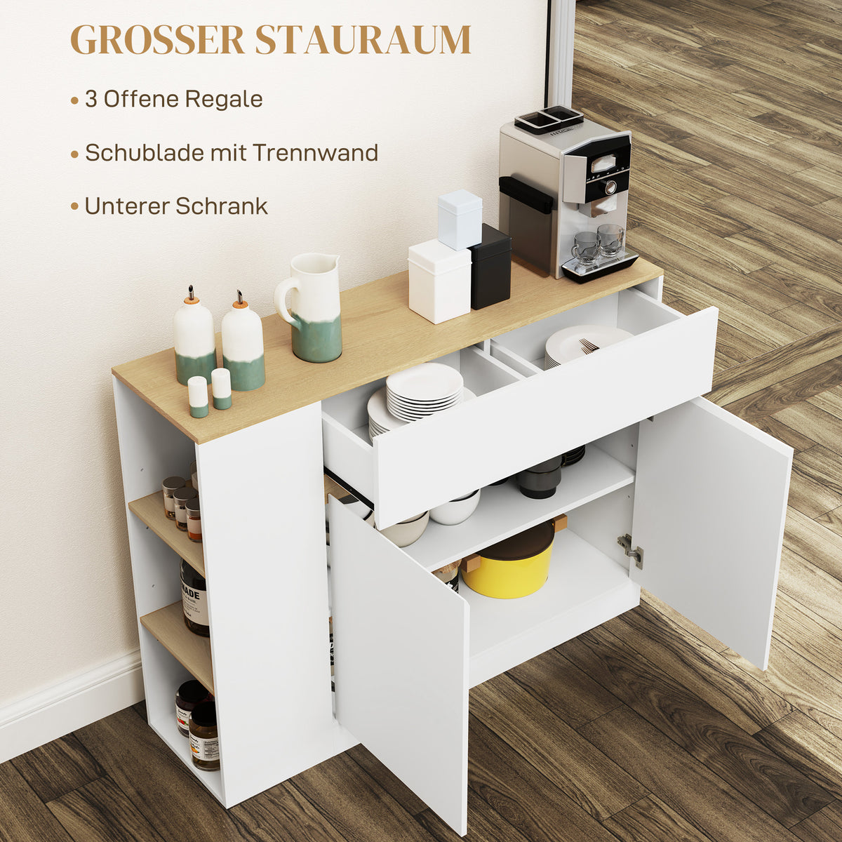 Sideboard 106 cm mit Schublade und 3 offenen Fächern