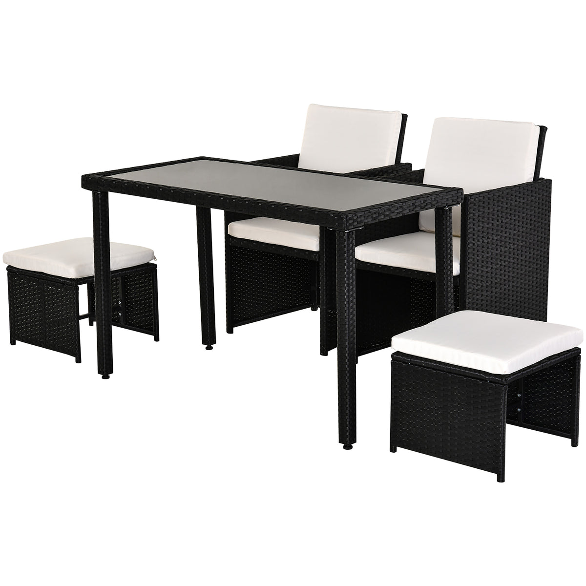 Polyrattan-Sitzgruppe mit Tisch, Stühlen und Hockern
