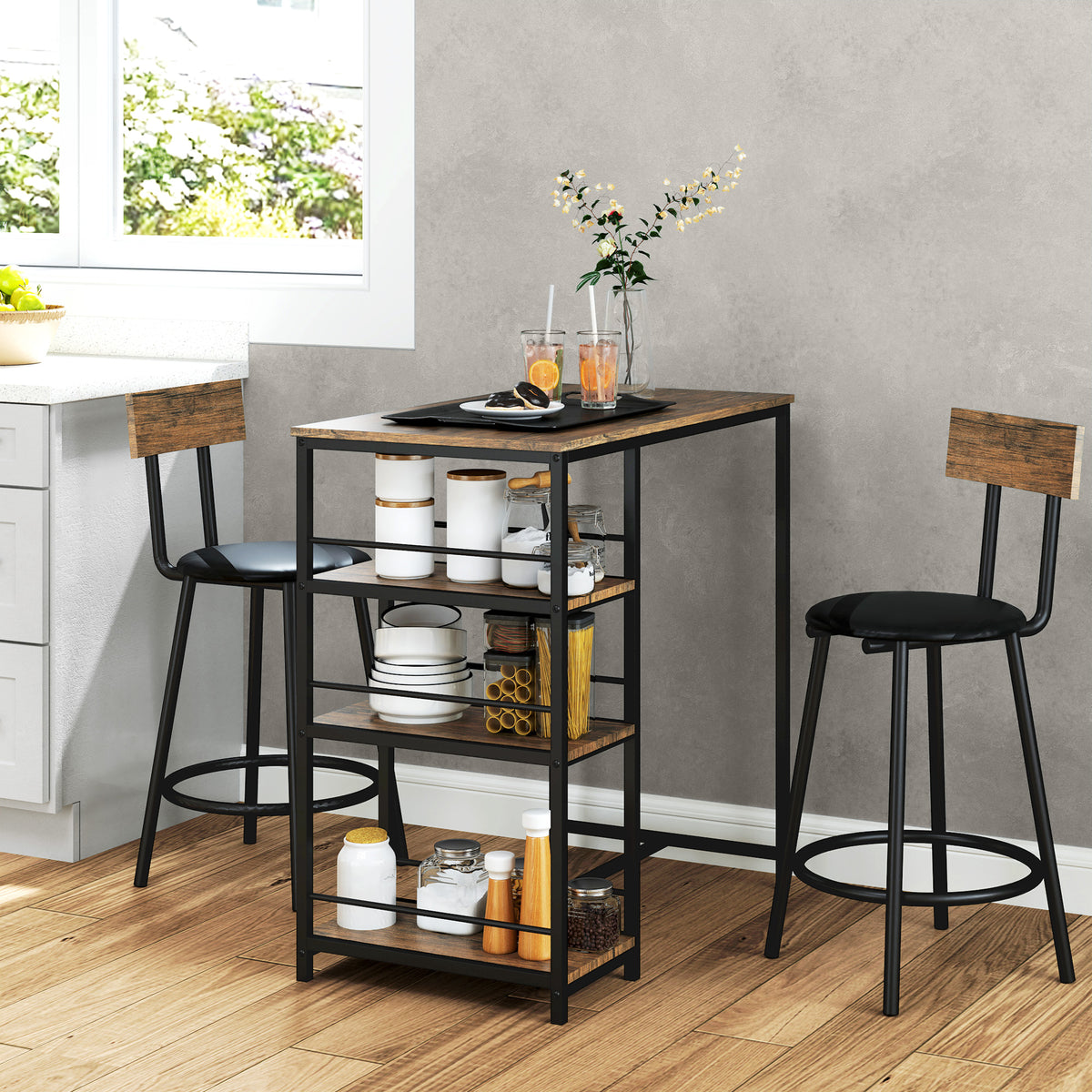 3-teiliges Bartisch-Set mit Stauraum und zwei Sitzplätzen