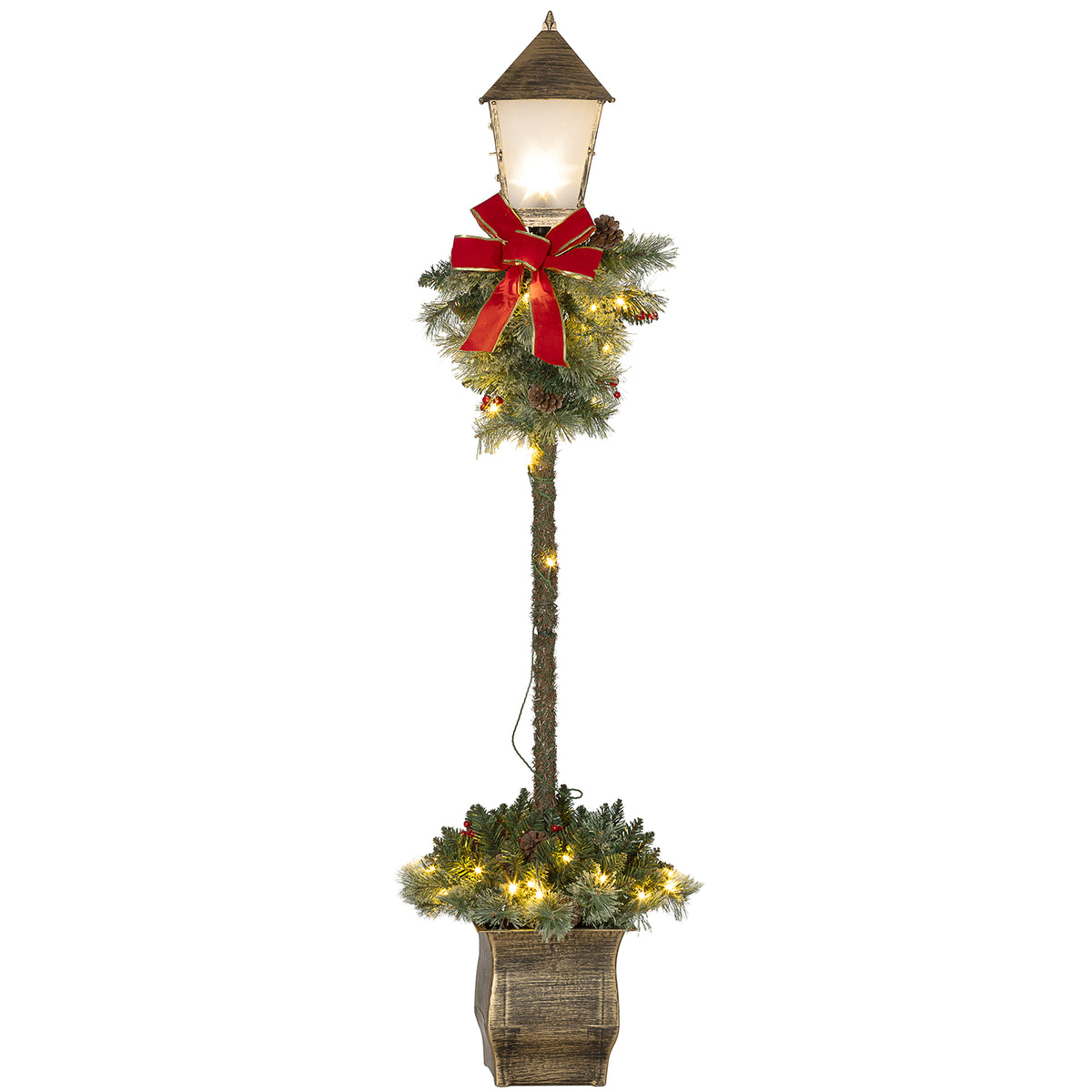 Weihnachtslaterne mit LED-Lichtern und Tannenzweigen