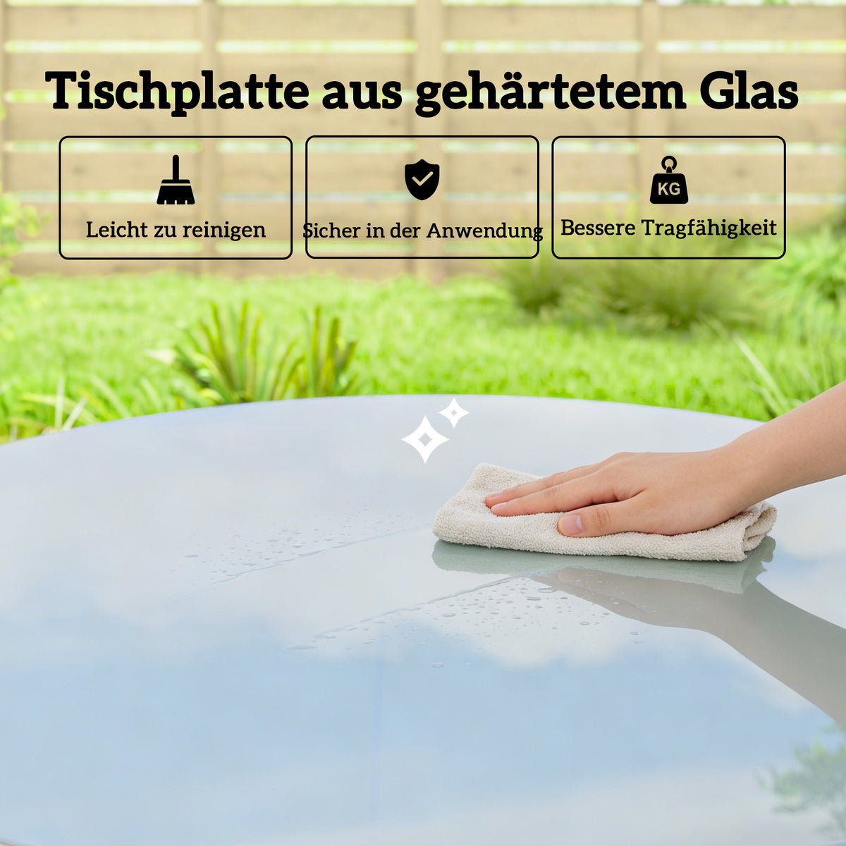 Runder Gartentisch aus Stahl mit Glasplatte