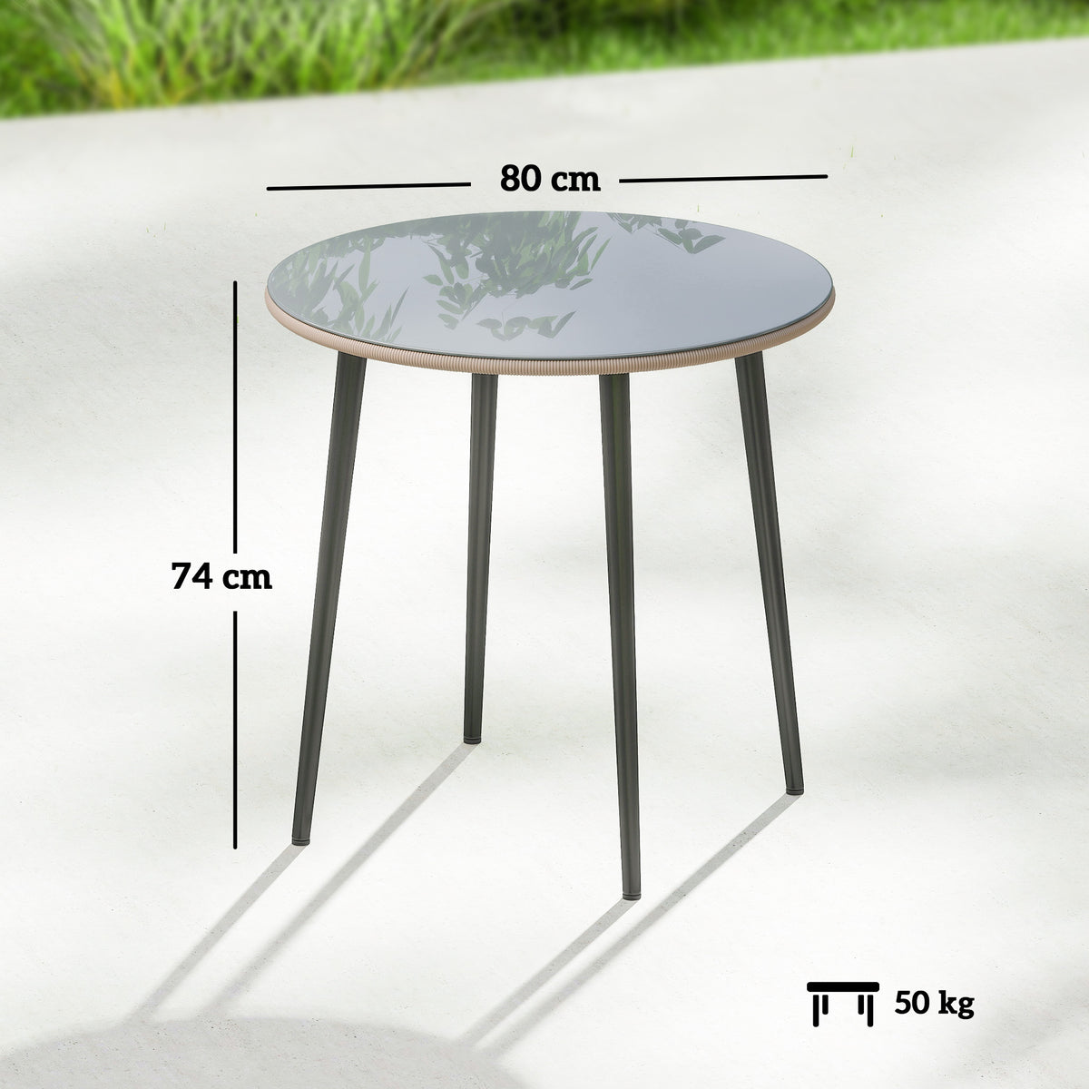 Runder Gartentisch aus Stahl mit Glasplatte