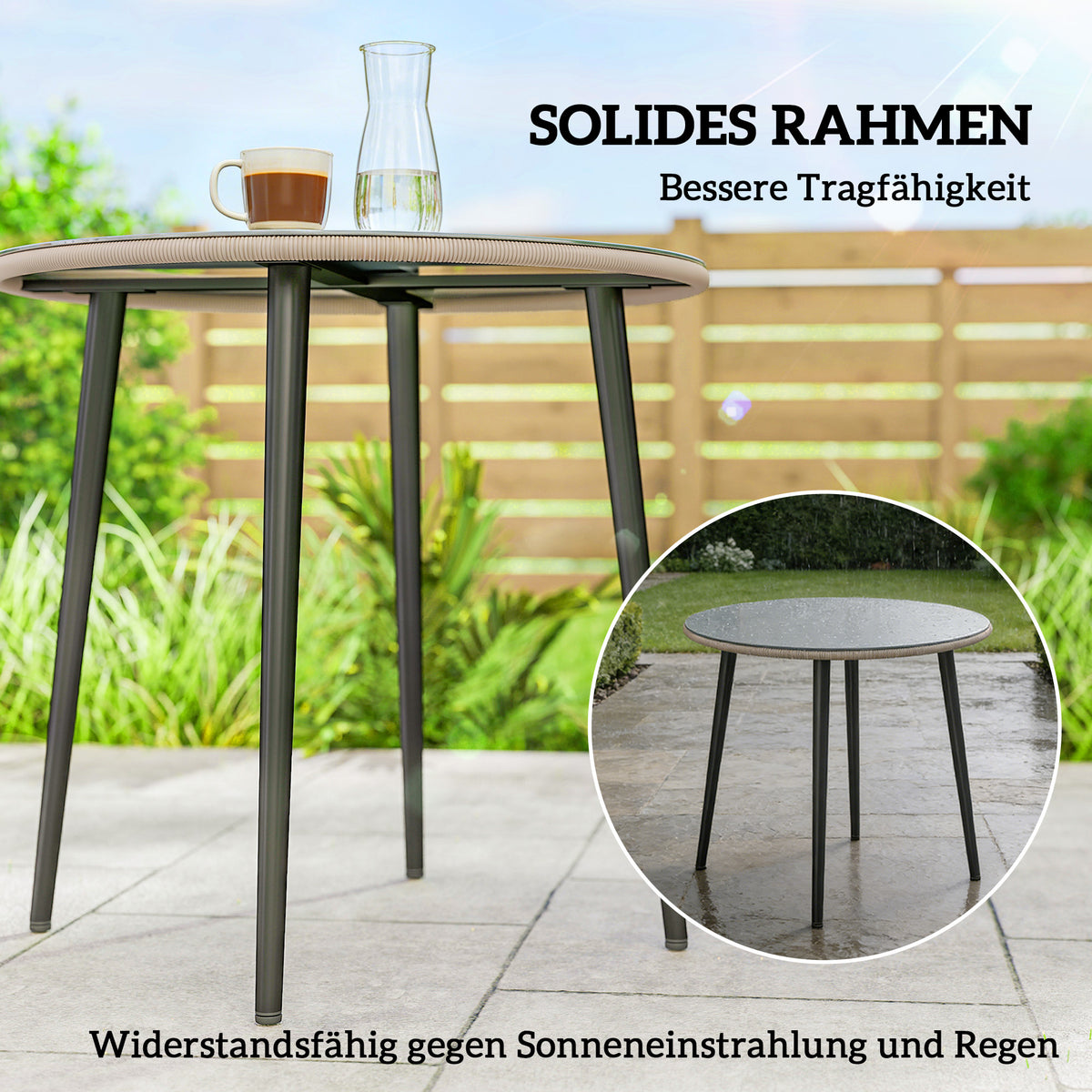 Runder Gartentisch aus Stahl mit Glasplatte