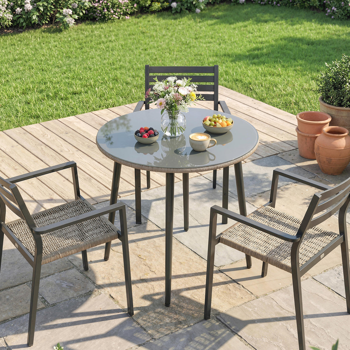 Runder Gartentisch aus Stahl mit Glasplatte