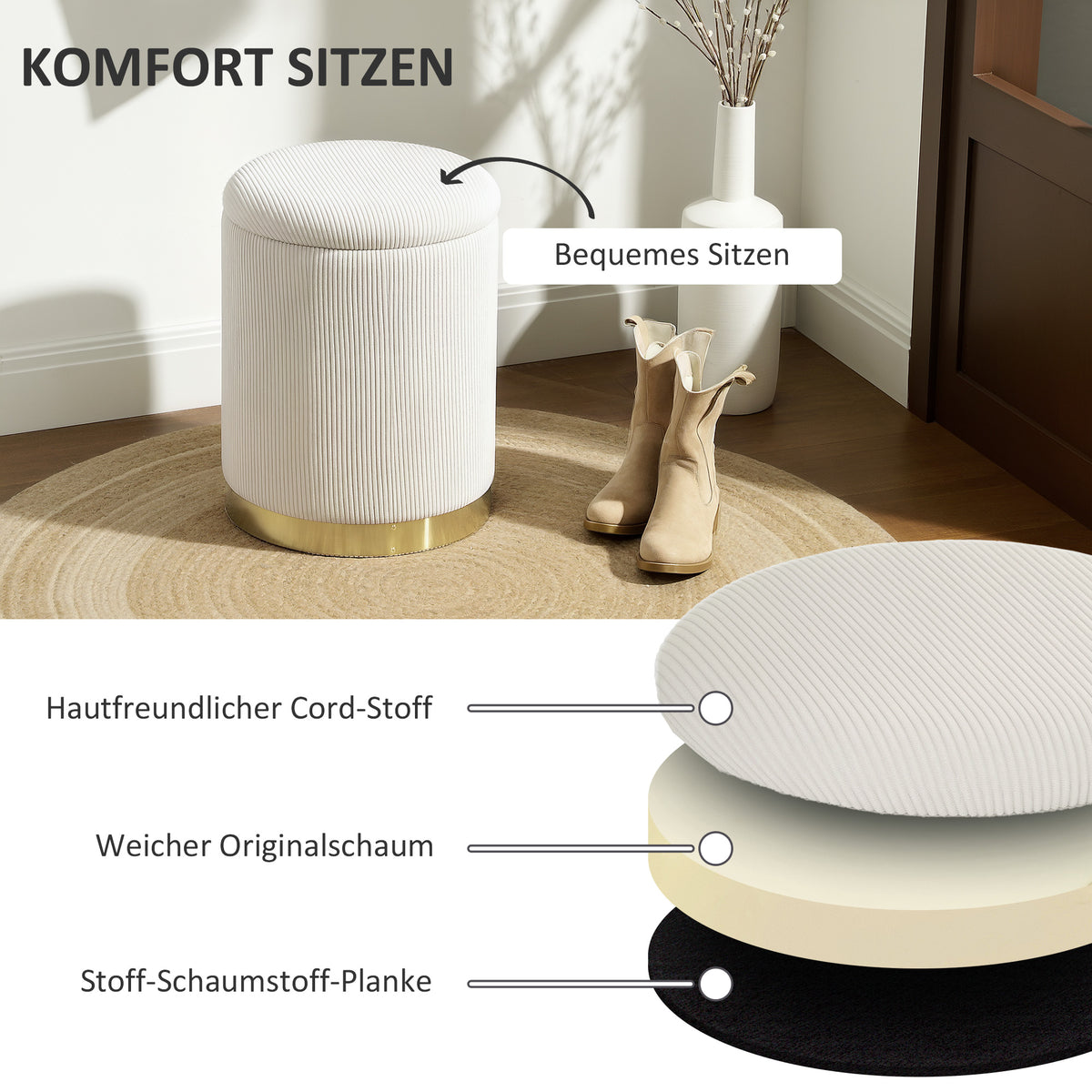 Runder Sitzhocker mit Stauraum
