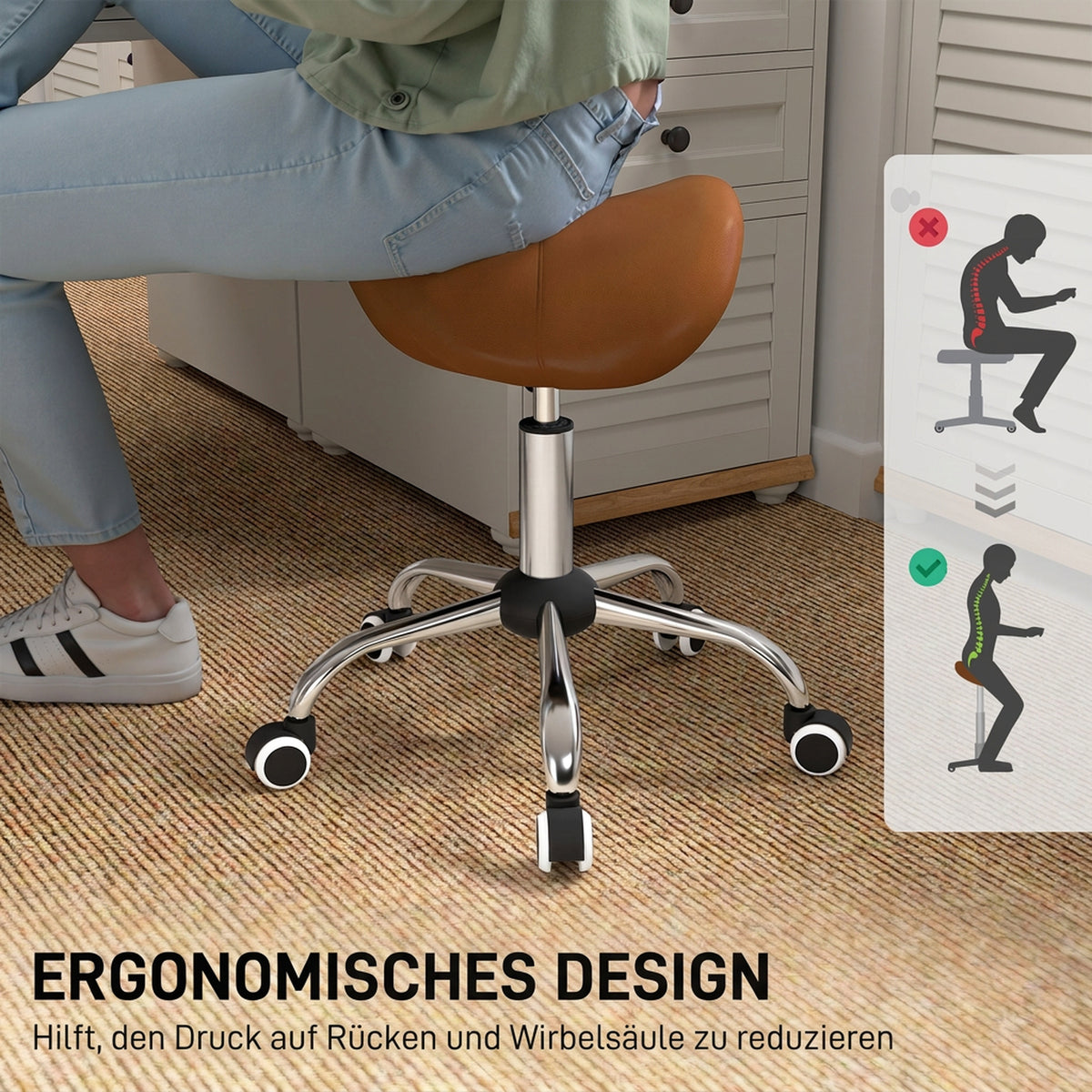 Rollhocker mit Sattelsitz und Höhenverstellung