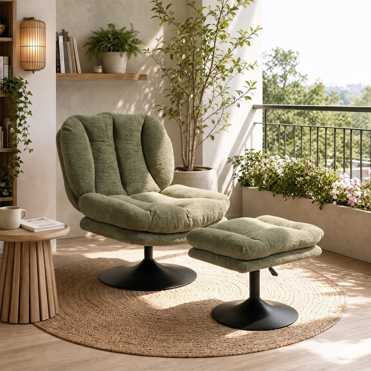 Drehbarer Loungesessel mit Hocker und Samtbezug