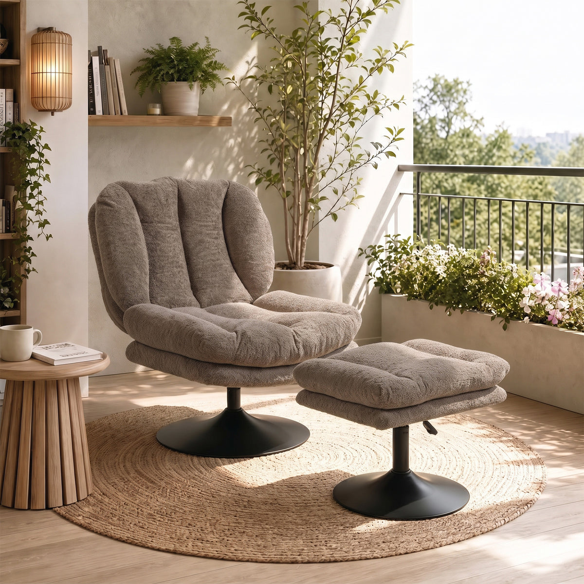 Drehbarer Loungesessel mit Hocker und Samtbezug